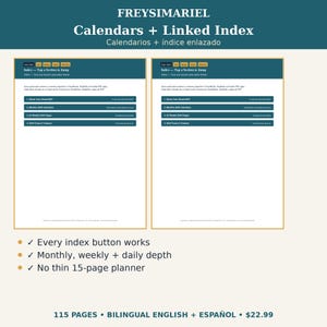 May include: A digital planner titled FREYSIMARIEL Calendars + Linked Index featuring two identical pages with a dark teal header and white text. The index lists four sections: Nurse Year Ahead 2027, Monthly Shift Calendars, 52 Weekly Shift Pages, and Shift Tools & Trackers.