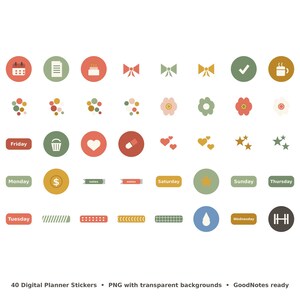May include: A collection of 40 digital planner stickers featuring various icons, including calendars, flowers, hearts, stars, and days of the week. The stickers are presented in a muted color palette of red, green, yellow, and blue with transparent backgrounds.