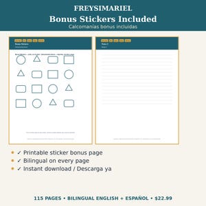 May include: A digital planner page set by FREYSIMARIEL featuring a bonus sticker sheet with various geometric shapes and a lined notes page. Both pages include bilingual English and Spanish text headers and navigation tabs at the top.