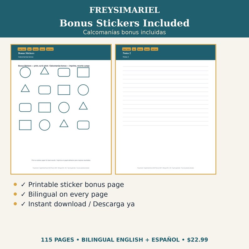 May include: A digital planner page set by FREYSIMARIEL featuring a bonus sticker sheet with various geometric shapes and a lined notes page. Both pages include bilingual English and Spanish text headers and navigation tabs at the top.
