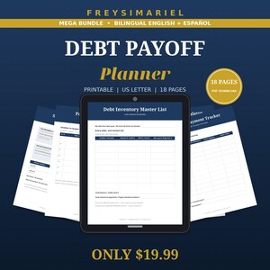 Puede incluir: Un paquete de planificador de pago de deudas digital con 18 páginas en formato carta de EE. UU. La pantalla muestra una lista maestra de inventario de deudas, rodeada de varias páginas imprimibles con rastreadores en azul marino y blanco.