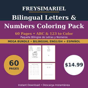 Puede incluir: Un paquete de colorear digital titulado FREYSIMARIEL Bilingual Letters & Numbers Coloring Pack. El gráfico morado presenta 60 páginas de hojas de trabajo de ABC y 123 en inglés y español, incluyendo ilustraciones de manzanas y estrellas.