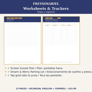 Puede incluir: Hojas de trabajo y registros digitales titulados FREYSIMARIEL Worksheets & Trackers, que incluyen un plan de fin de pantalla con espacio rayado y una tabla de Dream & Worry Parking Lot con columnas para fecha, elemento, hecho y notas, con pesta&ntilde;as doradas.