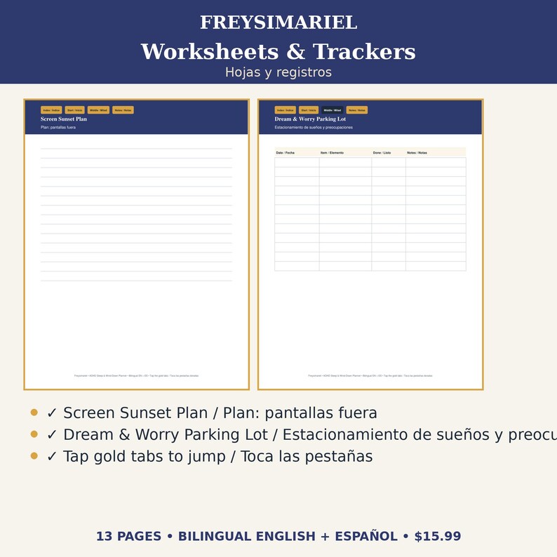 Puede incluir: Hojas de trabajo y registros digitales titulados FREYSIMARIEL Worksheets & Trackers, que incluyen un plan de fin de pantalla con espacio rayado y una tabla de Dream & Worry Parking Lot con columnas para fecha, elemento, hecho y notas, con pesta&ntilde;as doradas.