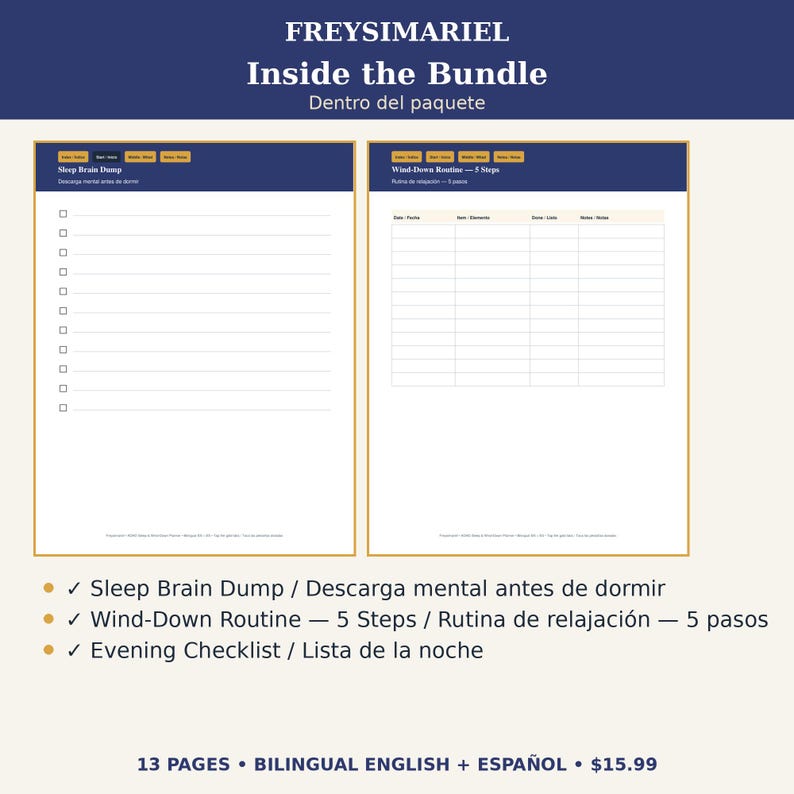 Puede incluir: Dos p&aacute;ginas de planificador digital tituladas FREYSIMARIEL Inside the Bundle. La p&aacute;gina izquierda es una lista de control Sleep Brain Dump. La p&aacute;gina derecha es una tabla Wind-Down Routine 5 Steps. El texto incluye Sleep Brain Dump, Wind-Down Routine y Evening Checklist.