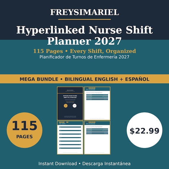 Hyperlinked Nurse Shift Planner 2027 GoodNotes 115 Pages, Shift Calendar, Swap Log, CEU Tracker, Self Care Pages, Bilingual Nurse