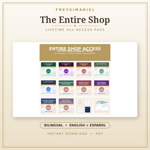 Puede incluir: Un listado de producto digital titulado FREYSIMARIEL The Entire Shop Lifetime All-Access Pass. El gráfico muestra una cuadrícula de doce paquetes imprimibles que incluyen planificadores, kits de fiesta y sets de organización en inglés y español.