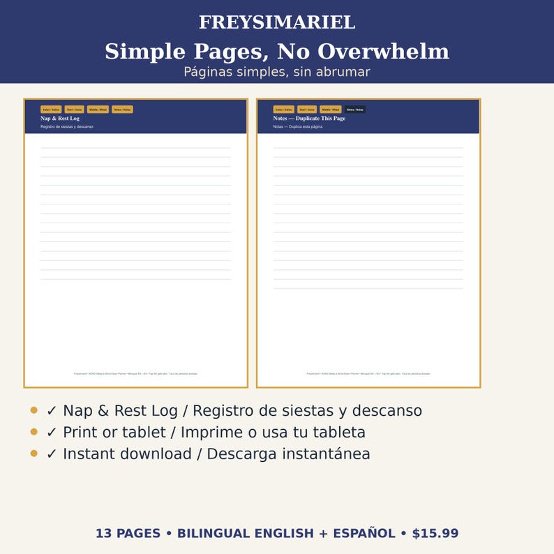Puede incluir: Dos p&aacute;ginas de planificador digital con encabezados azules y papel rayado blanco. La p&aacute;gina izquierda se titula Nap & Rest Log y la derecha Notes - Duplicate This Page. El texto FREYSIMARIEL Simple Pages, No Overwhelm aparece en la parte superior.