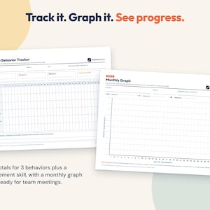 K&ouml;nnte beinhalten: Zwei wei&szlig;e Papierb&ouml;gen mit einem monatlichen Verhaltens-Tracker und einem monatlichen Diagramm. Der Tracker enth&auml;lt Spalten f&uuml;r 31 Tage und Zeilen f&uuml;r drei Verhaltensweisen sowie eine Ersatzfertigkeit. Das Diagramm bietet ein Raster zur Darstellung.
