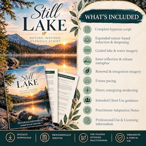 May include: A Still Lake nature-inspired hypnosis script document set. The cover features a sunset over a lake and mountains. A list of inclusions is provided, such as a complete hypnosis script, nature-based induction, and practitioner notes.