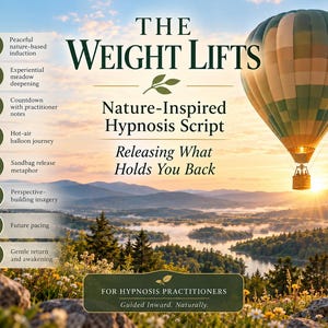 Puede incluir: Un documento digital titulado The Weight Lifts Nature-Inspired Hypnosis Script Releasing What Holds You Back, que muestra un globo aerostático sobre un paisaje brumoso al amanecer y una lista de ocho componentes de sesión para hipnoterapeutas.