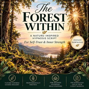 May include: A digital document titled The Forest Within, A Nature-Inspired Hypnosis Script For Self-Trust & Inner Strength. The cover features a sunlit forest, mountains, and a lake, with icons for guided imagery, professional writing, and PDF format.