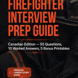 May include: A Firefighter Interview Prep Guide Canadian Edition featuring a red maple leaf icon. The text includes 55 Questions, 10 Worked Answers, 5 Bonus Printables, and a Premium Career Study Guide label with icons for questions, books, and documents.