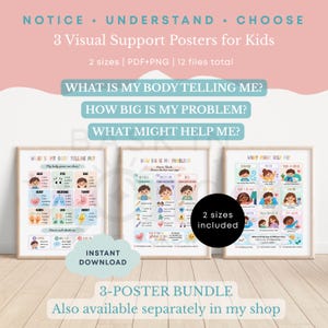 May include: Three educational posters featuring colourful illustrations and text. The posters are titled What Is My Body Telling Me, How Big Is My Problem, and What Might Help Me. They include charts and diagrams to help identify emotions and physical sensations.