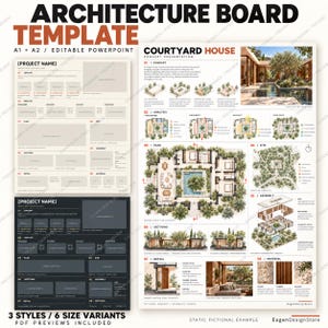May include: An architecture board template for a courtyard house concept presentation. The layout includes sections for project name, concept, analysis, plan, site, assembly, sections, and material details, available in A1 and A2 sizes.