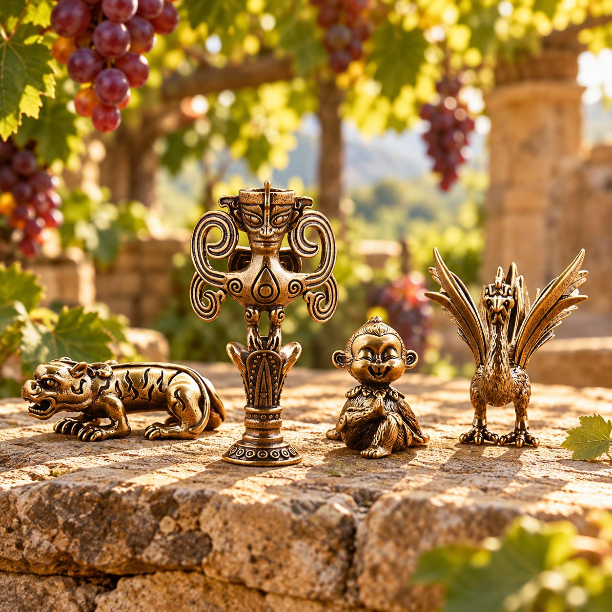 Brass Tribal Figurines, Vintage Totem Statue, Miniature Owl, Tiger, Phoenix Bird and Baby Sculpture,