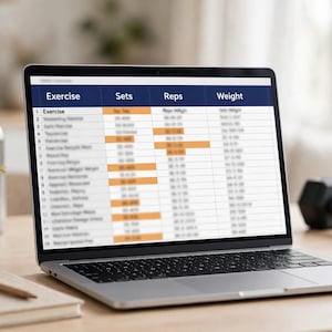 May include: A laptop screen displaying a digital workout tracker spreadsheet with columns labeled Exercise, Sets, Reps, and Weight. The table features rows of data with some cells highlighted in orange, providing a clear view of fitness progress.