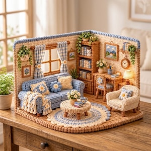 May include: A miniature crochet living room set featuring a blue sofa with floral pillows, a cream armchair, a round coffee table, a bookshelf, and a desk. The scene includes a window with blue checkered curtains, a round rug, potted plants, a wall clock, and a small lamp, all crafted with intricate yarn textures.