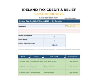 Ireland Tax Credit & Relief Self-Check (Excel or Google sheet)