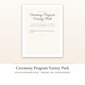 Puede incluir: Un paquete de programas de ceremonia de boda imprimibles que incluye tres diseños: una línea de tiempo visual, un abanico de mano y un folleto de recuerdo plegado. El documento contiene estilos para rellenar con líneas punteadas.