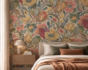 Vintage-Blumentapete, farbenfrohes Wildblumenmuster, Wanddekoration im Cottagecore-Stil, selbstklebende Pastellgartentapete