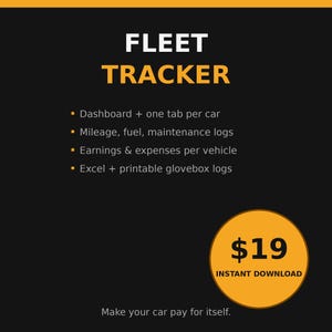 Könnte beinhalten: Eine digitale Flotten-Tracker-Tabellenvorlage auf schwarzem Hintergrund mit orangefarbenem Text. Zu den Funktionen gehören ein Dashboard, Registerkarten pro Fahrzeug, Kilometerstand, Kraftstoff, Wartungsprotokolle sowie Einnahmen- und Ausgabenübersichten.