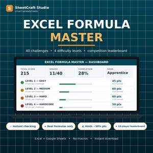 May include: A digital dashboard titled Excel Formula Master displayed on a screen, featuring a grid background, progress tracking for 40 challenges across 4 difficulty levels, a total score of 215, and a rank of Apprentice with 11 of 40 tasks solved.