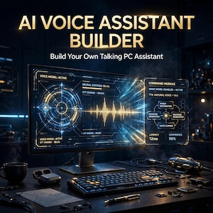May include: A computer monitor displays a digital interface titled AI VOICE ASSISTANT BUILDER with the text Build Your Own Talking PC Assistant. The screen shows a circular waveform, neural synthesis data, and a command module with system metrics.