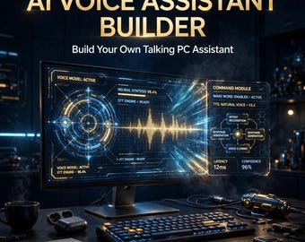 May include: A computer monitor displays a digital interface titled AI VOICE ASSISTANT BUILDER with the text Build Your Own Talking PC Assistant. The screen shows a circular waveform, neural synthesis data, and a command module with system metrics.