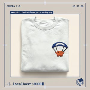 Könnte beinhalten: Ein weißes Sweatshirt mit Rundhalsausschnitt und einer kleinen Pixel-Art-Grafik auf der rechten Seite. Die Grafik zeigt eine orangefarbene Figur mit erhobenen Armen, die an einem blau-weißen Fallschirm hängt. Der Text sweatshirt/white/claude_parachuting.png ist sichtbar.