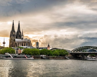 Cologne Skyline and Hohenzollern Bridge Panorama Print, Germany Wall Art, Printable Photography, Digital Download