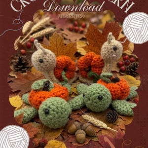 May include: A digital crochet pattern download featuring two beige snails with orange pumpkin shells and two green turtles with orange pumpkin shells. The text reads CROCHET PATTERN Download BEGINNER+ and OodDarlingsDesigns. The background shows autumn leaves.