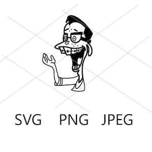 May include: Black and white line drawing of a cartoon character with glasses, a wide open mouth, and a surprised expression. The character is wearing a shirt and has their hand raised.