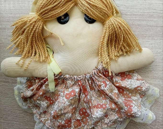 Vintage Handmade Rag Doll | 1970s Floral Calico Dress, Yarn Hair (Nostalgic Toy)