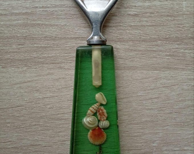Vintage Green Lucite Bottle Opener with Seashells | 1970s Coastal Barware