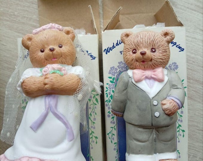 Vintage Russ Berrie Bride Groom Bear Figurines, Porcelain Wedding Cake Topper (Pair)