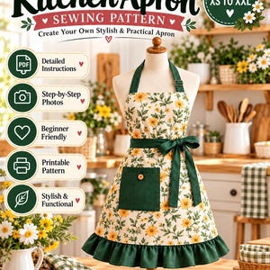 May include: A sewing pattern for a kitchen apron with sizes XS to XXL. The apron features a cream fabric with a yellow floral print, a dark green pocket with a button, a dark green waistband with a tie, and a dark green ruffled hem.