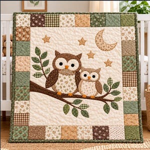 May include: A quilted baby blanket featuring a central cream-colored panel with two brown and white owls perched on a branch, surrounded by a crescent moon and four stars. The border consists of a patchwork of green, brown, and cream squares.