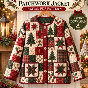 May include: A quilted patchwork jacket featuring a festive Christmas theme with red, green, and cream fabric squares. The jacket displays patterns of pine trees, stars, and holly berries, with five light-coloured buttons and two front pockets.