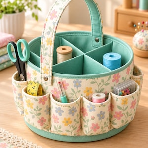 May include: A round fabric sewing organizer with a floral pattern in pink, yellow, and blue on a cream background. It features a teal interior, a central handle, and multiple exterior pockets containing sewing supplies like scissors, thread spools, a measuring tape, and needles.