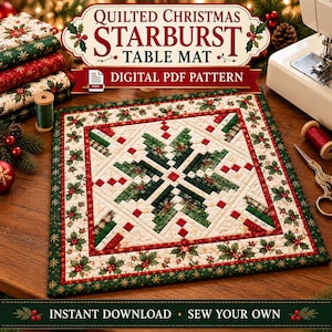 May include: A square quilted table mat featuring a central starburst pattern in shades of green, red, and cream. The border displays a holly and berry print. Text on the image reads: QUILTED CHRISTMAS STARBURST TABLE MAT DIGITAL PDF PATTERN.