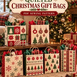 Quilted Christmas Gift Bag Sewing Pattern PDF, Six Tote Designs, Full-Size Applique and Embroidery Templates