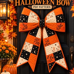 PDF-Schnittmuster für eine gesteppte Halloween-Schleife, Patchwork-Türdekoration, Nähprojekt für den Herbst in Orange und Schwarz
