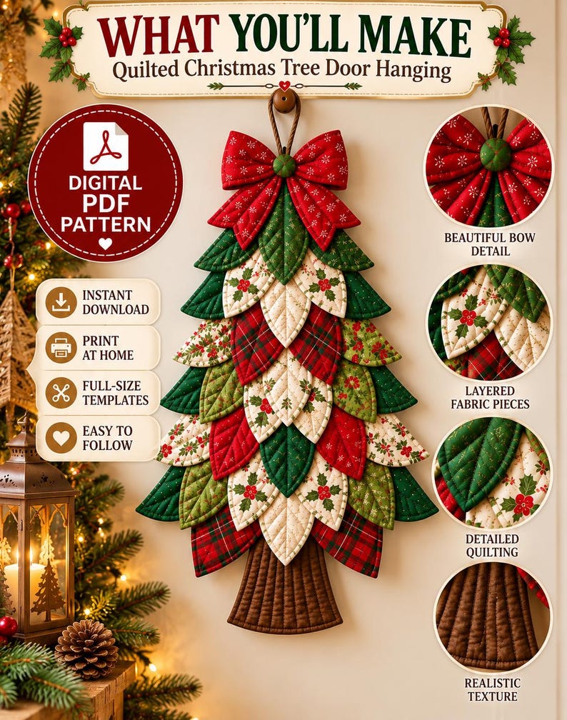 Quilted Christmas Tree Door Hanging PDF Sewing Pattern, Layered Leaf ...