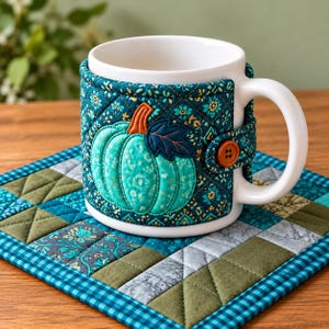 May include: A white ceramic mug featuring a removable quilted fabric cozy. The cozy is dark teal with a floral pattern and a central applique of a light teal pumpkin with an orange stem and dark blue leaf, secured by an orange button.