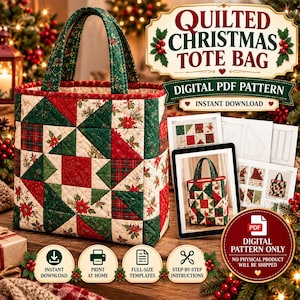 Quilted Christmas Tote Bag PDF Sewing Pattern, Patchwork Star Design, Half Square Triangles
