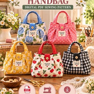 Pleated Handbag Sewing Pattern PDF, Small Lined Fabric Purse with Button Tab Closure