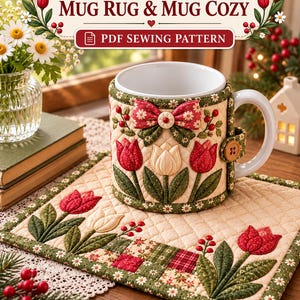 May include: A quilted mug rug and mug cozy set featuring a floral tulip pattern in red, white, and green. The cozy has a button closure and a fabric bow. The text reads: QUILTED FLORAL MUG RUG & MUG COZY PDF SEWING PATTERN.