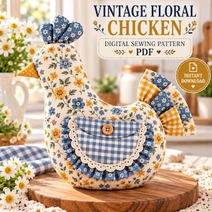 May include: A stuffed fabric chicken featuring a cream background with a blue and yellow floral print. It has a blue floral comb, a yellow beak, and a blue gingham pocket with lace trim and a wooden button. The tail has blue and yellow gingham ruffles. Text reads: VINTAGE FLORAL CHICKEN DIGITAL SEWING PATTERN PDF INSTANT DOWNLOAD.