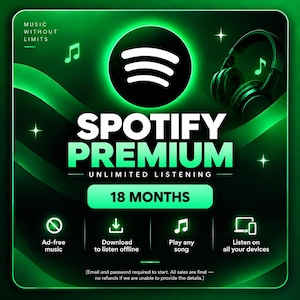Op de afbeelding: Een digitale afbeelding voor Spotify Premium met een zwart en groen kleurenschema, koptelefoons en muzieknoten. De tekst bevat MUSIC WITHOUT LIMITS, SPOTIFY PREMIUM, UNLIMITED LISTENING, 18 MONTHS en iconen voor advertentievrij en offline luisteren.